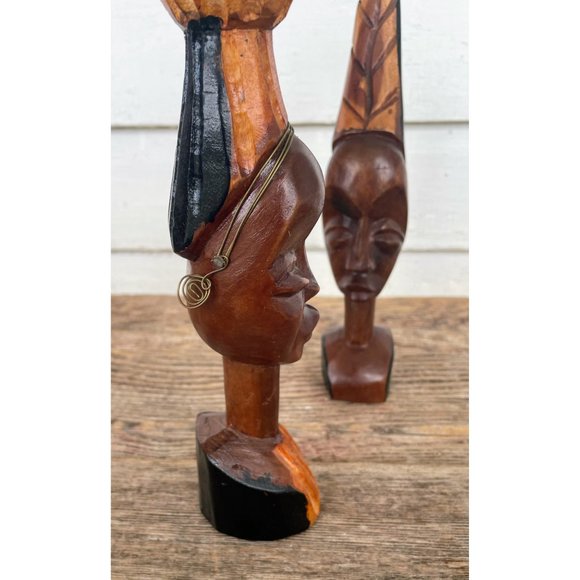 Vintage MCM African Carved Wood Head Busts Woman Man Wire Jewelry - Picture 12 of 15